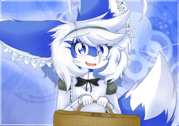 5_fingers abstract_background accessory ahoge anthro basket big_eyes black_bow_tie black_nose blue_background blue_body blue_eyes blue_fur blush blush_lines border bow_tie clothed clothed_anthro clothed_male clothing container cosplay crossdressing_male cute_fangs dipstick_tail eye_through_hair eyebrow_through_hair eyebrows eyelashes eyelashes_through_hair fangs femboy fingers fluffy fluffy_ears fluffy_tail fur glistening glistening_eyes hair hair_accessory hairband hairclip happy holding_basket holding_container holding_object huge_ears inner_ear_fluff kemono looking_at_viewer maid_uniform male male_anthro markings motion_lines nervous pink_blush pupils short_snout simple_background slim_anthro slim_male smile smiling_at_viewer snout_from_the_front solo tail tail_markings tail_motion tailwag teeth translucent translucent_hair tuft uniform white_body white_border white_fur white_hair white_inner_ear_fluff white_pupils snowhilox black_souls_(game) bill_(black_souls_2) snowtwo canid canine fox mammal 2025 absurd_res digital_drawing_(artwork) digital_media_(artwork) english_description half-length_portrait hi_res portrait smaller_version_at_source