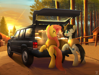 black_hair car detailed_background duo eyelashes eyes_closed female feral hair hooves outside pink_hair plant pupils quadruped smile tail tree vehicle yellow_body darksly-z friendship_is_magic hasbro my_little_pony fluttershy_(mlp) equid equine mammal 4:3 hi_res