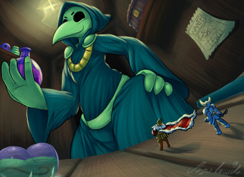 anthro armor beak closet clothed clothing extreme_size_difference green_body group headgear helmet horn knight male mask micro not_furry plague_doctor potion potion_bottle robe shovel size_difference smile text tools trio warrior poyolewdo shovel_knight yacht_club_games king_knight plague_knight shovel_knight_(character) avian human humanoid mammal unknown_species 11:8 absurd_res digital_media_(artwork) english_text hi_res huge_filesize