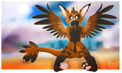 3_toes 4_fingers ambiguous_gender anthro biped black_body black_fur blurred_background border brown_body brown_fur featureless_crotch feet fingers fluffy front_view fur horn looking_at_viewer no_pupils pawpads simple_background sitting solo spikes tail toes white_body white_border white_eyes white_fur wings ilovecorgis mythology telephone_(ino89777) angel_dragon dragon dutch_angel_dragon furred_dragon furred_scalie mythological_creature mythological_scalie scalie 2015 5:3 absurd_res hi_res watermark