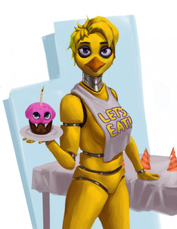 beak breasts female furniture machine orange_beak orange_eyes purple_eyes side_boob table tablecloth yellow_body duckhere five_nights_at_freddy's scottgames chica_(fnaf) classic_chica_(fnaf) animatronic avian bird chicken galliform phasianid robot robot_anthro 2021 hi_res
