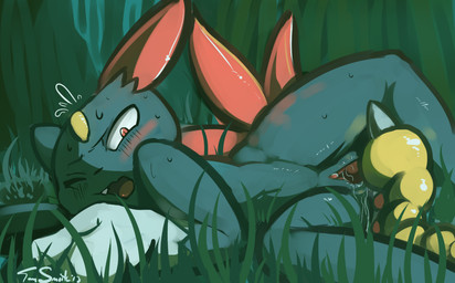 ambiguous_gender blue_body blue_fur blush claws cunnilingus duo female feral fur genitals grass horn interspecies lying on_side one_eye_closed open_mouth oral plant red_eyes sex vaginal vulva yellow_body conditional_dnp insomniacovrlrd nintendo pokemon generation_1_pokemon generation_2_pokemon pokemon_(species) sneasel weedle 2013 source_request