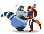 anthro artist_name bodily_fluids bottomwear brown_hair cinnamon_(cinnamonroo) clothing duo female gillpanda hair hyper mammal nervous obese overweight procyonid raccoon shirt shorts simple_background speech_bubble sweat sweatdrop topwear weight_gain white_background