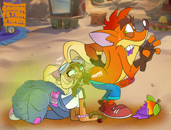 age_difference all_fours anthro biped blonde_hair blush bodily_fluids bracelet butt clothed clothing duo ear_piercing eating eating_feces eating_food erection excessive_feces eyewear eyewear_on_head feces feces_in_mouth feces_on_body feces_on_face female food fruit fur genitals gloves goggles goggles_on_head green_eyes hair handwear hyper hyper_feces hyper_soiling jewelry looking_back looking_pleasured male male/female mohawk older_male onomatopoeia open_mouth orange_body orange_fur outside overalls penis piercing plant pooping pooping_on_another public scatplay smelly soiling sound_effects stink_fumes stink_lines sweat sweatdrop text thick_thighs vein veiny_penis wide_hips wumpa_fruit young younger_female baconfetish'ntomato activision crash_bandicoot_(series) coco_bandicoot crash_bandicoot bandicoot mammal marsupial absurd_res digital_media_(artwork) english_text hi_res brother_(lore) brother_and_sister_(lore) incest_(lore) sibling_(lore) sister_(lore)