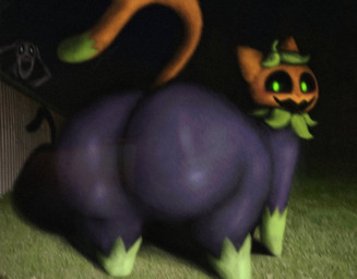 big_butt black_body butt butt_focus dipstick_tail duo feral for_a_head grass green_body green_eyes green_tail_tip holidays huge_butt looking_back markings multicolored_body open_mouth open_smile orange_body orange_tail plant pumpkin_head quadruped raised_tail shadow smile solo_focus tail tail_markings guhg_kemonowo halloween pumkat domestic_cat felid feline felis mammal monster object_head male_(lore)