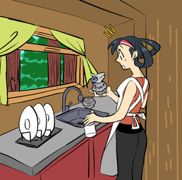 ambiguous_gender apron beak clothed clothing container cup dish drinking_glass duo female feral forest glass glass_container glass_cup holding_another inside markings metal_feathers metallic_body mistaken_identity mole_(marking) neonate open_mouth plant plate shocked silver_body sink size_difference steel_wool tree washing_dishes window young zombbh fakemon nintendo pokemon avian generation_2_pokemon human mammal pokemon_(species) skarmory hi_res