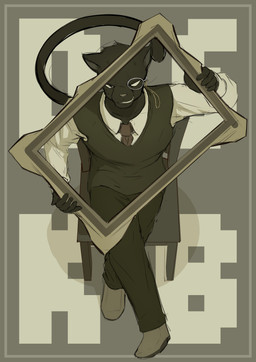 accessory anthro black_body black_fur black_tail border bottomwear chair clothed clothing eyewear fingers footwear front_view fully_clothed fur furniture holding_object monocle necktie pants shoes sitting solo tail topwear yellow_border popkage felid mammal pantherine absurd_res hi_res