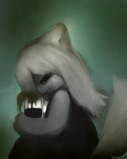 anthro black_clothing black_eyes black_nose clothing dirt female female_anthro fur glass green_background kemono looking_down plant pupils side_view simple_background solo tail vase white_body white_ears white_fur white_pupils white_tail hasukii canid canine mammal 4:5 character_request