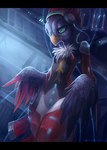 anthro beak black_bars blue_eyes detailed_background electronics feathered_wings feathers female headphones smile solo wings yellow_beak juliathedragoncat avian bird digital_media_(artwork) hi_res