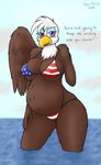 5_fingers american_flag american_flag_bikini anthro beach beak belly big_belly big_breasts bikini biped black_eyebrows blush bottomwear breasts brown_body brown_feathers brown_wings cleavage clothed clothing cloud curvy_figure day dialogue eyebrows eyelashes feathers female fingers flag flag_bikini flag_clothing flag_print flag_swimwear front_view fully_clothed hand_on_leg hand_on_thigh holding_leg holding_thigh inviting looking_at_viewer midriff multicolored_body multicolored_feathers nipple_outline non-mammal_breasts open_beak open_mouth outside partially_submerged pink_tongue pregnant pregnant_anthro pregnant_female print_bikini print_clothing print_swimwear purple_eyes seaside skimpy skimpy_bikini sky smile smiling_at_viewer solo standing string_bikini swimwear talking_to_viewer text thick_thighs tongue topwear two-piece_swimsuit two_tone_body two_tone_feathers under_boob united_states_of_america voluptuous water white_body white_feathers wide_hips wings yellow_beak gyro-furry patricia_(barn-flakes) accipitrid accipitriform avian bald_eagle bird eagle sea_eagle 2015 dated digital_media_(artwork) english_text hi_res shaded signature