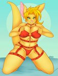 anthro big_breasts blonde_hair breasts cleavage clothed clothing female green_eyes hair holding_breast kneeling lingerie panties smile solo underwear yellow_body catsmeow becka_(dtripper) kangaroo macropod mammal marsupial hi_res