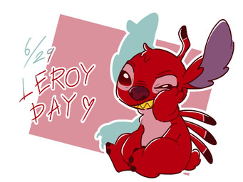 4_arms 4_toes annoyed antennae_(anatomy) anthro back_spines chest_tuft claws feet finger_claws fur hand_on_face head_tuft heart_symbol looking_at_viewer male multi_arm multi_limb multicolored_antennae purple_inner_ear red_body red_eyes red_fur red_nose scut_tail sharp_teeth short_tail simple_background sitting solo tail teeth text toes tuft yellow_teeth kyo_ken_0425 disney lilo_and_stitch leroy_(lilo_and_stitch) alien experiment_(lilo_and_stitch) 2025 4:3 digital_drawing_(artwork) digital_media_(artwork) english_text flat_colors