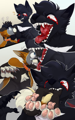 ambiguous_fluids anthro anthro_pred anthro_prey black_body bodily_fluids collar drooling duo fangs male male/male male_pred male_prey mouth_shot nude nude_anthro open_mouth oral oral_vore paws predator/prey saliva teeth tongue vore duskovich vlada_dusk kurai_(sgtmiller1233) canid canine canis fox mammal wolf 5:8 absurd_res comic hi_res sketch