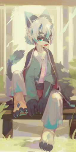 4_toes anthro barefoot bench blue_clothing blue_eyes blue_hair blue_horn blue_pawpads chest_tuft claws clothed clothing curling_toes feet finger_claws front_view fur grass grey_body grey_clothing grey_fur hair horn looking_at_viewer male open_mouth pawpads paws plant red_tongue sitting solo toe_claws toes tongue tuft unsigned white_body white_fur white_hair young carbonizedaki species_request 2022 digital_media_(artwork) digital_painting_(artwork) full-length_portrait hi_res painting_(artwork) portrait
