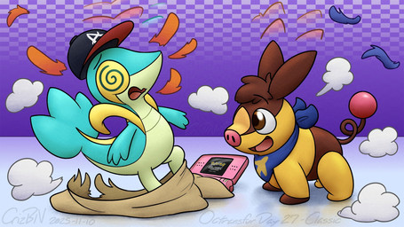 after_transformation air_puff ambiguous_gender black_clothing black_hat black_headwear clothing clothing_on_floor console duo electronics eyebrows feral game_console game_screen geometric_background green_body green_scales grid_background handheld_console hat head_tuft headgear headwear looking_at_another nintendo_ds_console open_mouth pattern_background pig_nose reflective_floor scales screencap simple_background spiral spiral_eyes torn_clothing tuft yellow_body yellow_scales crizbn nintendo nintendo_ds nintendo_ds_family pokemon chris_(crizbn) generation_5_pokemon pokemon_(species) shiny_pokemon snivy tepig 16:9 2025 hi_res widescreen