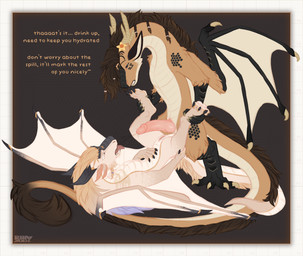 4_toes 5_fingers ambiguous_gender animal_genitalia belly big_penis black_body black_claws black_horn black_wings blonde_hair blue_eyes bodily_fluids braided_fur brown_body brown_fur claws daffodil_(flower) dialogue duo ear_tuft ears_back entwined_tails erection eye_contact feet feral fingers flower fluffy fluffy_tail forked_tongue fur genital_fluids genital_slit genitals gold_scales gradient_hair gradient_limbs hair hand_on_chest hand_on_leg hand_on_thigh hexagon hexagonal_grid holding_feet horn intimate long_tail looking_at_another lying male male/male male_peeing markings membrane_(anatomy) membranous_wings multi_ear multicolored_body nude on_back open_mouth peeing peeing_on_another penis pink_penis pivoted_ears plant purple_eyes purple_hair raised_leg ribbed_penis scales scutes simple_background size_difference tail tail_coil tan_body tan_claws tan_fur tan_horn tan_wings teeth text toes tongue tongue_out tuft two_tone_body urine urine_drip urine_in_mouth watersports white_belly white_body white_membrane white_sclera wings yellow_sclera rhaelrhaelrasputin mythology rhael_(rhaelrhaelrasputin) scotty_sheppard dragon mythological_creature mythological_scalie scalie absurd_res hi_res