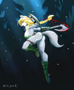 anthro areola areola_slip armor axe big_breasts blonde_hair blood blue_eyes bodily_fluids boots breasts clothed clothing detailed_background female footwear forest fur hair long_legs melee_weapon midair night outside plant shield shoes skimpy solo tail toony tree unconvincing_armor weapon white_body white_fur wood matypup canid canine canis mammal wolf hi_res