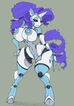 anthro anthrofied big_breasts black_sclera breasts curled_tail curly_hair eyelashes female hair horn machine nipples purple_hair purple_tail robotization simple_background smile solo tail teeth unicorn_horn white_body wide_hipped_female wide_hips imric1251 friendship_is_magic hasbro my_little_pony mythology rarity_(mlp) equid equine mammal mythological_creature mythological_equine robot unicorn hi_res