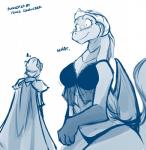 2017 anthro anthrofied armor blue_and_white blush bra breasts cape cleavage clothed clothed_feral clothing conditional_dnp confusion crown dialogue dragon duo embarrassed english_text female feral headgear helmet hi_res horn human larger_female larger_feral lingerie madam_reni_(twokinds) male mammal monochrome mythological_creature mythological_scalie mythology non-mammal_breasts panties panties_on_feral pauldron scalie simple_background size_difference sketch smaller_human smaller_male solo_focus tail text tom_fischbach twokinds underwear white_background