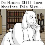 anthro breasts curvy_figure female fur horn mature_anthro mature_female solo text voluptuous voluptuous_female white_body white_fur unusacies do_men_still_love_women_this_size undertale undertale_(series) toriel bovid caprine goat mammal english_text meme