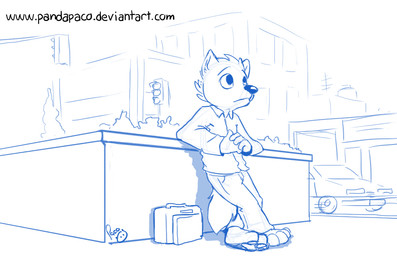 anthro bottomwear building car cheek_tuft clothed clothing facial_tuft head_tuft logo male male_anthro mouth_closed outside pants pawpads plant shrub solo standing text topwear tuft vehicle young young_anthro young_male pandapaco canid canine mammal artist_logo monochrome signature url