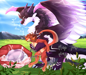 anthro black_body black_fur bodily_fluids breasts bulge claws cum cum_from_vagina cum_in_vagina cum_inflation cum_inside duo ear_piercing facial_horn feathered_wings feathers feet female female_penetrated feral field fur genital_fluids genitals glowing glowing_genitalia glowing_penis hair holding_breast horn industrial_piercing inflation internal internal_vaginal leaking_cum male male/female male_penetrating male_penetrating_female mountain_background nose_horn nude open_mouth orange_body orange_scales penetration penile penile_penetration penis penis_in_vagina piercing purple_eyes scales sex sky skyscape smile tail teeth text toe_claws toes tongue vaginal vaginal_penetration white_body white_fur wings lilly_mega mythology molten_(darkenwynder) velkoru dragon kobold mythological_creature mythological_scalie reptile scalie 2025 absurd_res colored digital_media_(artwork) hi_res