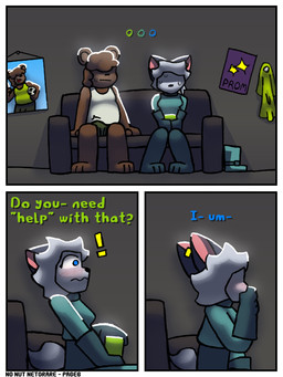 anthro blush bodily_fluids bulge clothing dialogue duo erection erection_under_clothing female flirting furniture infidelity male male/female motion_lines sofa stuttering sweat tenting text connorsconnor barley_(connorsconnor) conley bear hybrid mammal 3:4 colored comic english_text hi_res shaded