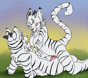 anthro anthro_on_anthro blue_eyes blush bodily_fluids breasts butt claws clenched_teeth cowgirl_position duo erection eyelashes eyes_closed female female_on_top female_penetrated from_front_position fur genital_fluids genitals half-closed_eyes hand_on_chest happy horn male male/female male_on_bottom male_penetrating male_penetrating_female multicolored_body multicolored_fur narrowed_eyes nipples nude on_bottom on_top open_mouth penetration penile penile_penetration penis penis_in_vagina selfcest sex shadow smile spread_legs spreading square_crossover straddling striped_body striped_fur stripes teeth tongue tongue_out two_tone_body two_tone_fur two_tone_tail vaginal vaginal_fluids vaginal_penetration vulva keishinkae specter_(eosets) spectra_(eosets) felid mammal pantherine tiger 2014 digital_media_(artwork) hi_res