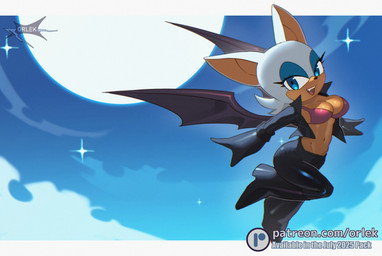 anthro bat_wings black_bottomwear black_clothing black_footwear blue_eyes blue_eyeshadow bottomwear breasts cleavage clothed clothing eyelashes eyeshadow fangs female fingers flying footwear long_eyelashes looking_at_viewer makeup membrane_(anatomy) membranous_wings moon night open_mouth open_smile pink_clothing pink_topwear sky smile star starry_sky teeth text tongue topwear v-cut ventral_groove wings orlek sega sonic_the_hedgehog_(series) rouge_the_bat bat mammal 2025 url
