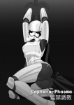 armor bdsm bondage bound breath cape clothing female full_armor genitals looking_at_viewer not_furry panting pussy simple_background solo submissive submissive_female teasing darkmaya star_wars the_force_awakens captain_phasma stormtrooper human mammal 2016 digital_media_(artwork) monochrome