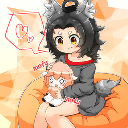 chibi clothing duo female feral grey_hair hair petting shirt topwear yellow_eyes nakigara animal_humanoid bovid canid canid_humanoid canine canine_humanoid caprine humanoid mammal mammal_humanoid sheep wolf_humanoid 1:1 2020