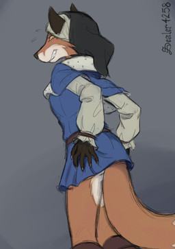 anthro belt bottomless bottomless_anthro bottomless_female brown_markings butt clothed clothing dipstick_tail female fingers fur gloves_(marking) hat headgear headwear looking_at_viewer looking_back markings multicolored_body multicolored_fur orange_body orange_fur rear_view smile solo tail tail_markings topwear tuft white_body white_fur yellow_eyes sealer4258 rokatanc_(sealer4258) canid canine fox mammal red_fox true_fox absurd_res digital_media_(artwork) hi_res