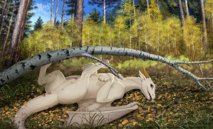 butt claws cloud day feet female female_feral feral forest horn looking_at_viewer lying lying_on_ground on_back on_ground outside paws plant sky smile solo tail teeth toes tree wings conditional_dnp kodardragon mythology dragon mythological_creature mythological_scalie scalie 2026 digital_drawing_(artwork) digital_media_(artwork) hi_res