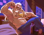 alcohol anthro armpit_tuft bed beverage bottomwear claws clothing denim denim_bottomwear denim_clothing furniture jeans large_pecs long_mane male muscular muscular_male pants red_eyes solo zhangkuu dislyte lilith_games javid_(dislyte) felid lion mammal pantherine 5:4 hi_res