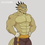 abs biceps bouncing_pecs bulge clothing flexing green_body hand_wraps heart_symbol horn male multi_horn multicolored_body muscular pecs sash shirtless smile smiling_at_viewer solo two_tone_body wraps ozadene mythology dragon mythological_creature mythological_scalie scalie animated loop