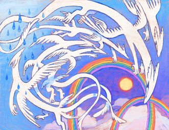 ambiguous_gender blue_sky cloud detailed_background feathered_wings feathers feral flying group long_body long_tail mountain multi_wing purple_sky quadruped rainbow raindrop raining sky sun tail tail_tuft toony tuft water white_body white_wings wings vecb-art detailed hi_res