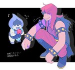 anthro armband biped boots clothing crouching duo female footwear hair male purple_body purple_skin shoes smile text tongue tongue_out ouse deltarune undertale_(series) lancer_(deltarune) susie_(deltarune) humanoid scalie hi_res japanese_text