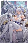 big_breasts breasts cleavage clothed clothing crossed_legs dress female hair legwear membrane_(anatomy) membranous_wings pantyhose seductive short_hair sitting solo thigh_highs white_clothing white_dress white_hair wings lewdamone yu-gi-oh! lovely_labrynth_of_the_silver_castle animal_humanoid demon demon_humanoid humanoid absurd_res hi_res