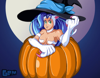 big_hair big_hands blue_hair claws clothing female food fruit fur fur_covering_nipples hair handpaw hat headgear headwear holidays moon paws plant pumpkin solo vegetable white_body white_fur witch_hat witch_hat_only geminart capcom darkstalkers halloween felicia_(darkstalkers) animal_humanoid cat_humanoid domestic_cat felid felid_humanoid feline feline_humanoid felis humanoid mammal mammal_humanoid absurd_res hi_res