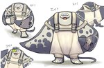 :3 anthro butt clothing grey_body male scouter solo speckled_body text tight_clothing zipper sakusan_kc nintendo splatoon big_man_(splatoon) fish manta_ray marine ray_(fish) stingray absurd_res hi_res japanese_text