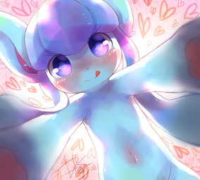 abstract_background ambiguous_gender blue_body blush blush_lines dominant feral foreshortening heart_background heart_catchlight heart_symbol licking licking_lips looking_at_viewer looming navel pawpads pink_inner_ear pink_pawpads purple_eyes reaching_towards_viewer seductive semi-anthro simple_background smile solo tongue tongue_out d685ab7f nintendo pokemon eeveelution generation_4_pokemon glaceon mammal pokemon_(species) digital_drawing_(artwork) digital_media_(artwork) signature unavailable_at_source