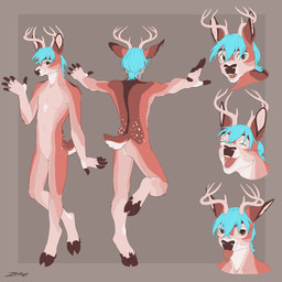 antlers blue_hair fingers hair hooves horn looking_at_viewer male simple_background solo tail woltagt nugamus deer mammal hi_res model_sheet