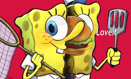 blue_eyes burger cheese dairy_products food male red_background simple_background smile solo spatula tools hiwai nickelodeon spongebob_squarepants spongebob_squarepants_(character) hi_res