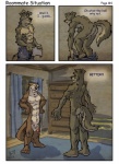 2013 abs anthro athletic backsack balls butt canid canine circumcised clothing comic dialogue duo english_text flaccid fur genitals humanoid_genitalia humanoid_penis k-9 male male/male mammal mustelid nude otter penis text undressing window