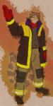 anthro blue_eyes clothed clothing firefighter footwear hair long_hair male pose simple_background solo turnout_gear uniform weapon tolbi konami metal_gear tolbi_angara felid feline leopardus mammal margay ocelot 2015 absurd_res hi_res traditional_media_(artwork)