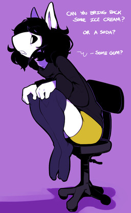 ambiguous_gender arms_bent bent_legs black_eyes black_hair chair clothing dialogue folded furniture hair hands_on_knees hands_on_legs hands_on_own_knees hands_on_own_legs holding_both_knees holding_both_legs holding_legs_back knees_pulled_up legs_back legwear long_hair looking_forward nervous office_chair on_chair on_furniture pink_background side_view simple_background sitting solo stockings sweater teeth text thigh_highs topwear tucked_arms tucked_legs white_body white_skin worried mangneto blanche_(mangneto) alien humanoid 2014 english_text hi_res
