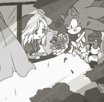 anthro bouquet clothing curtains duo female flower footwear gloves hair handwear holding_flower holding_object in_tree male outside plant shoes sitting smile tree window bukikobuta sega sonic_the_hedgehog_(series) maria_robotnik sonic_the_hedgehog eulipotyphlan hedgehog human mammal 2013 greyscale monochrome