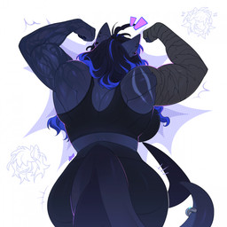 anthro athlete bandage big_breasts big_butt big_muscles blue_hair breasts butt ear_piercing female hair huge_butt muscular muscular_anthro muscular_female non-mammal_breasts piercing rear_view shark_tail solo wide_hips xsissa art_fight artfight2025 aquatic fish shark 1:1 digital_drawing_(artwork) digital_media_(artwork) hi_res