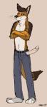 anthro bottomwear brown_body brown_eyes brown_fur brown_hair clothing crossed_arms erection fur genitals hair humanoid_genitalia humanoid_penis long_penis male pants penis simple_background slacks smile smirk solo white_body white_fur canid canine mammal hi_res