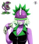 5_fingers big_breasts breasts carnivorous_plant cleavage clothed clothing covered_eyes female fingers front_view green_hair hair leaf monster_girl_(genre) plant purple_body severed_body_part severed_hand sharp_teeth simple_background teeth topwear white_background zipper juliusmz63 electronic_arts plants_vs._zombies popcap_games carnivorous_plant_humanoid chomper_(pvz) elemental_creature elemental_humanoid flora_fauna humanoid plant_humanoid 2022 absurd_res half-length_portrait hi_res portrait